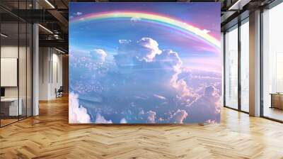 A rainbow bridge connecting two cloud cities in the sky. Wall mural