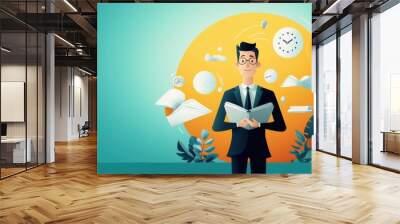 A salesperson managing a high-stress environment with a calm, focused expression while juggling multiple tasks., design illustration Wall mural