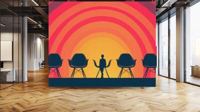 A set of chairs arranged in a circular pattern, each chair representing a different role, with a figure moving from one chair to another. The background is an abstract gradient, growth Wall mural