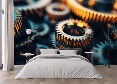 A set of gears turning within a complex machine, each gear representing a milestone that moves the mechanism of progress forward, abstractly depicting growth and achievement Wall mural