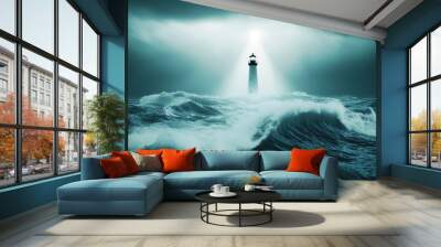 A stormy sea with a lighthouse beaming bright light, leadership and guidance during a crisis, with waves made of chaotic geometric forms Wall mural