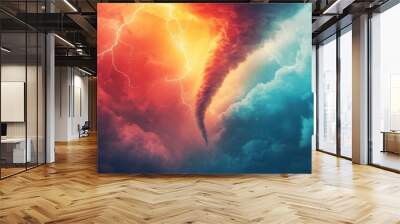 A stormy weather system with dark clouds, lightning, and a swirling tornado, gradually clearing to reveal a bright sun and calm skies Wall mural