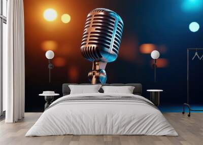 a vintage microphone standing on a stage, with a spotlight on it, evoking a sense of performance and anticipation Wall mural