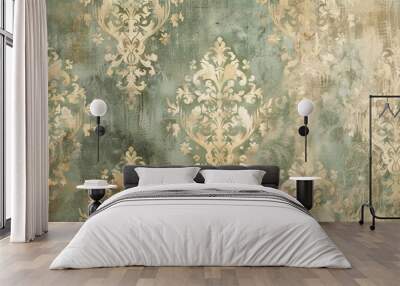 A wall with a green and gold floral wallpaper Wall mural