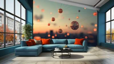 A web of interconnected glowing lines connecting multiple spheres, each sphere representing different stakeholders, floating above a city skyline, collaboration and influence Wall mural