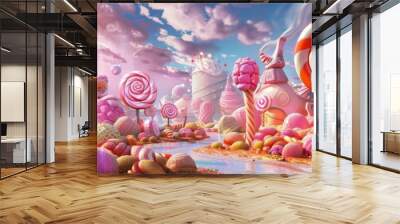 A whimsical, candy land background with sweets, candies, and vibrant colors. Wall mural