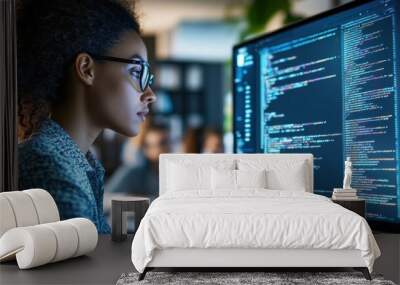 A woman is working on a computer screen with a lot of code on it Wall mural