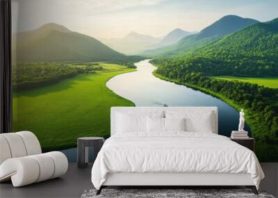 Aerial a serene river winding through a lush green valley, with small boats drifting along and reflections of the surrounding mountains in the calm water Wall mural