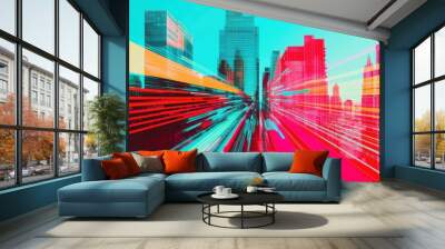 An abstract cityscape where skyscrapers and home interiors merge into one, with bright digital lines connecting them, symbolizing the integration of work environments in a hybrid model Wall mural