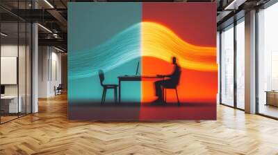 An abstract figure split into two, one side sitting at a home desk and the other side in a corporate meeting, both halves connected by a wave of energy representing the flow of work between two spaces Wall mural