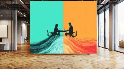 An abstract figure split into two, one side sitting at a home desk and the other side in a corporate meeting, both halves connected by a wave of energy representing the flow of work between two spaces Wall mural