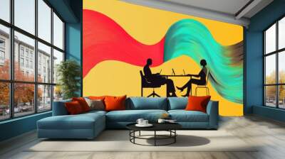 An abstract figure split into two, one side sitting at a home desk and the other side in a corporate meeting, both halves connected by a wave of energy representing the flow of work between two spaces Wall mural