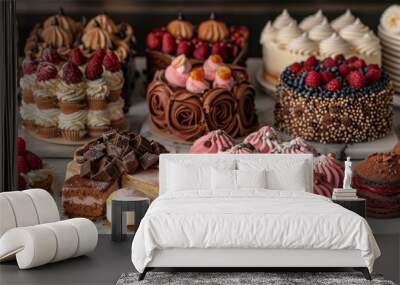 An enticing display of various desserts like cakes, pastries, and ice cream, arranged beautifully on a table. Wall mural