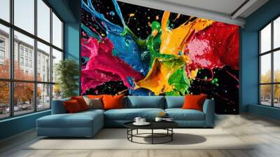 An explosion of vibrant colors from a single point of impact, with splashes of paint blending into intricate patterns, showing how reactions create new possibilities Wall mural