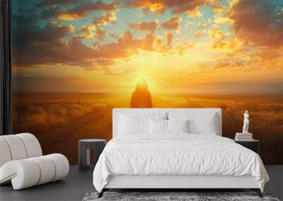 An inspiring scene of new beginnings, with a person starting a fresh journey, symbolic elements like sunrise and open road. Wall mural