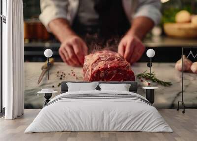 artistic scene featuring a chef preparing a beef chuck in a modern kitchen setting, with a focus on the cut laid out on a marble countertop Wall mural