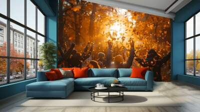 Autumn equinox celebration in a forest of golden leaves. Wall mural