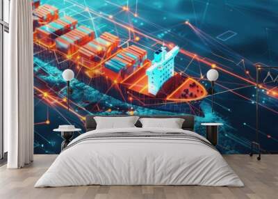 Blockchain in Shipping Logistics: An illustration of blockchain technology ensuring secure and transparent transactions in shipping logistics, with a cargo ship and digital blocks connected by lines. Wall mural