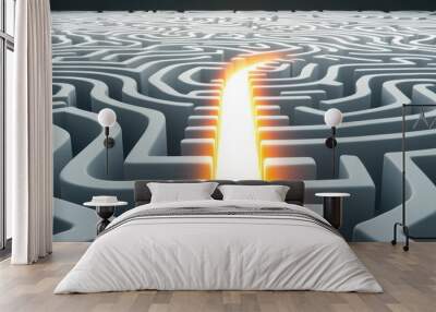 Clear Road to Success: A complex maze filled with twists and turns, but one clear, brightly lit road leads directly to a glowing exit Wall mural