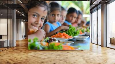 Community Center Lunch: Show children eating a healthy lunch at a community center, with a variety of fresh fruits and vegetables, capturing the community spirit. Wall mural