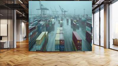 Container Yard in Bad Weather: A container yard operating under challenging weather conditions, such as heavy rain or fog, demonstrating the resilience of logistics operations. Wall mural