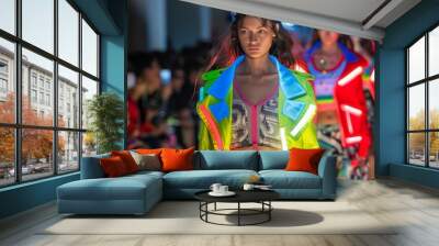 Contemporary fashion show inspired by 80s punk culture, featuring smart fabrics and LED accessories. Wall mural