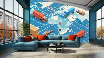 Cross-Border E-commerce Logistics: An illustration of the logistics involved in cross-border e-commerce, including customs clearance, international shipping, and local delivery. Wall mural