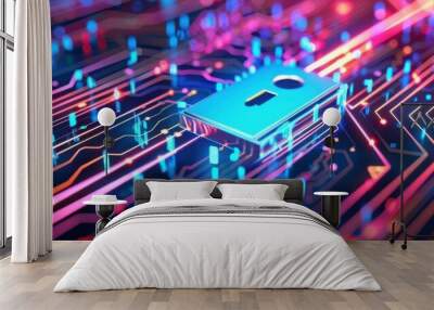 Encryption keys, holographic data visualization, futuristic digital security, glowing neon colors Wall mural