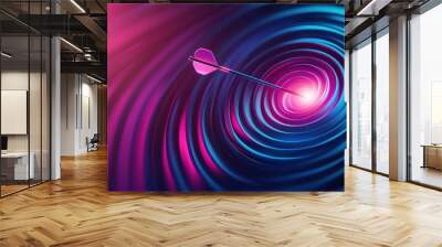 Focus and Aim: A glowing dart hitting the center of a vibrant target, surrounded by a swirl of abstract shapes that represent distractions Wall mural