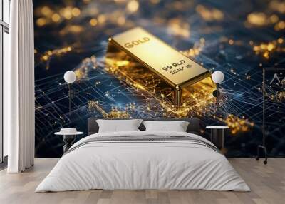 Gold Web of Global Value: A glowing gold bar at the center of a global web, connecting different currencies, economies, and markets, symbolizing its universal value Wall mural