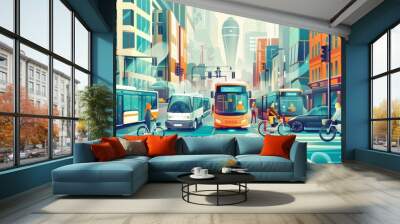 Illustrate a bustling city scene where all forms of transport, including buses, bikes, and cars, are powered lithium-ion batteries, in a vibrant, futuristic style Wall mural