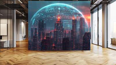 Illustrate a digital city under a protective dome with symbols of the NIS2 Directive and Cyber Resilience Act engraved on it, signifying the security and compliance umbrella these regulations provide Wall mural