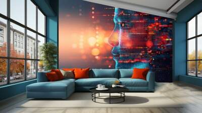 Man, double exposure, holographic cybersecurity protocols, dark background, glowing elements Wall mural