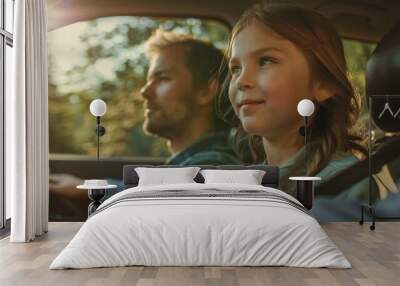 Mother, father, and young daughter in a station wagon, looking out the windows, wonder and delight, lush green forest scenery, styled as high-key lighting realism. Wall mural