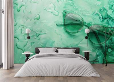 Sleek sunglasses on green watercolor surface Wall mural