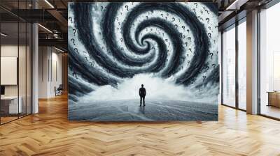 Storm of Choices: A person standing in the middle of a storm made of swirling question marks and decision points Wall mural