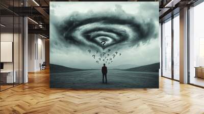 Storm of Choices: A person standing in the middle of a storm made of swirling question marks and decision points Wall mural