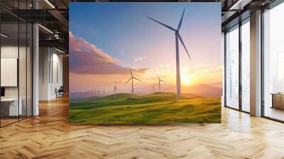 Wind turbines generating energy on a farm, renewable and rural sustainability. Wall mural