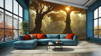 burning candle in the forest with two trees in the forest painting Wall mural