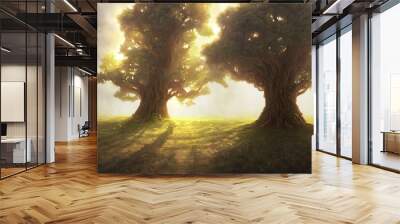 sunrise in the forest with two huge trees in the field, celestial sun light Wall mural