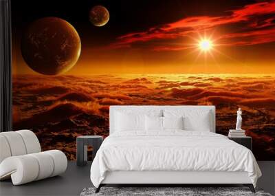 Breathtaking Alien Planet with Two Moons and Colorful Atmosphere. Wall mural