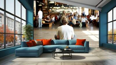 Man sitting on the floor in a busy cafe with headphones on, concept of solitude in public spaces Wall mural