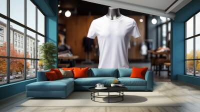 Mockup flat and white T-shirt worn by mannequin Wall mural