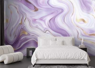 Soft Pastel Wavy Liquid Marble Texture with Lilac and Golden Lines Wall mural