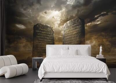 Two Stone Tablets Representing the Ten Commandments in Desert Scene. Wall mural