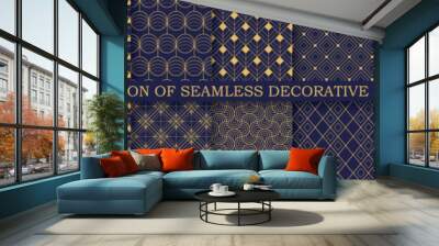 Collection of art deco seamless geometric ornamental patterns - elegant blue and gold design. Repeatable oriental luxury backgrounds. Decorative royal prints. Wall mural