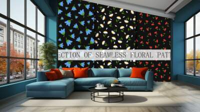 Collection of seamless colorful floral patterns - hand drawn elegant design. Repeatable spring black backgrounds with branches and flowers. Textile endless prints. Vector illustration Wall mural