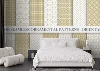 Collection of seamless geometric ornamental vector patterns. Grid oriental backgrounds. Vintage white and beige design Wall mural