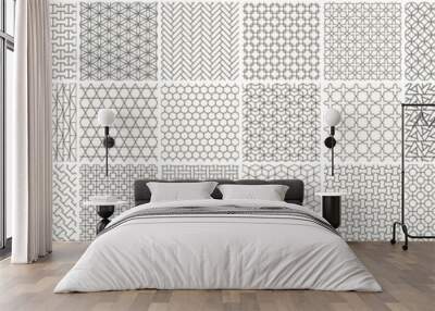 Collection of seamless ornamental geometric patterns - unusual design. Vector repeatable grid outline textures - symmetric ornate prints. Monochrome backgrounds Wall mural