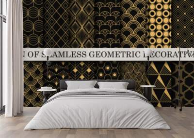 Collection of seamless ornamental luxury dark gold patterns - geometric vintage design. Repeatable elegant rich backgrounds. Symmetry endless prints Wall mural